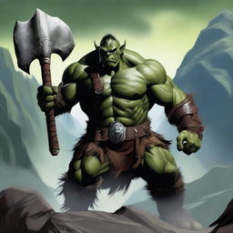 A fierce orc barbarian standing in a rugged, mountainous landscape