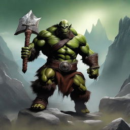 A fierce orc barbarian standing in a rugged, mountainous landscape