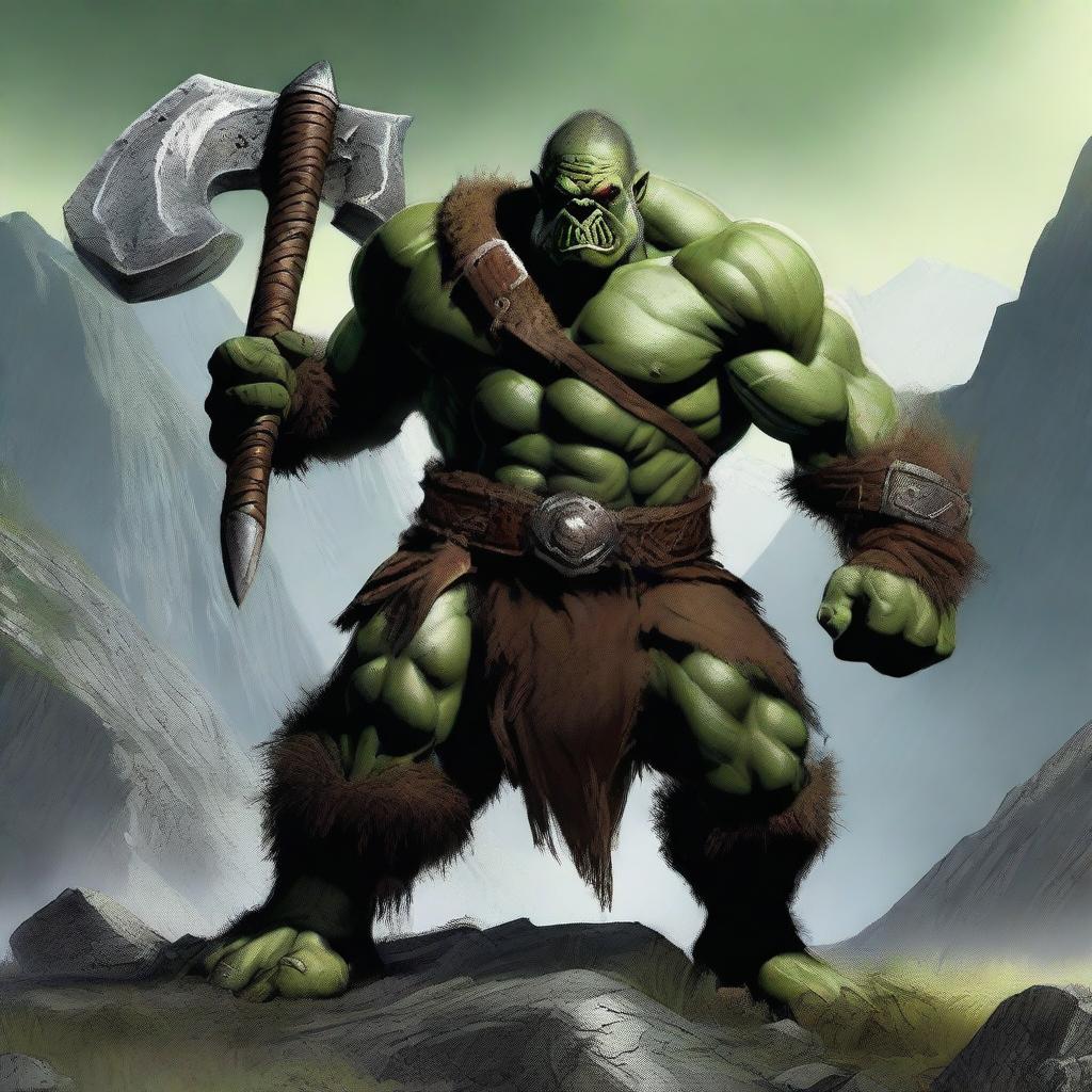 A fierce orc barbarian standing in a rugged, mountainous landscape