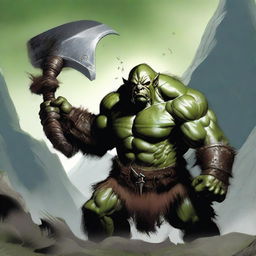 A fierce orc barbarian standing in a rugged, mountainous landscape