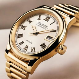 A close-up image of a golden-colored metal wristwatch with Roman numerals on its dial