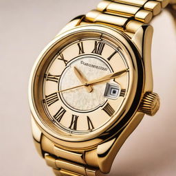 A close-up image of a golden-colored metal wristwatch with Roman numerals on its dial