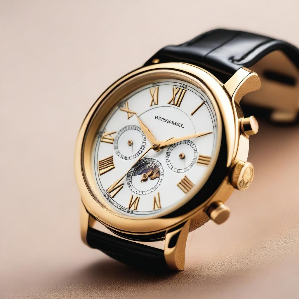 A close-up image of a golden-colored metal wristwatch with Roman numerals on its dial