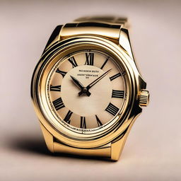 A close-up image of a golden-colored metal wristwatch with Roman numerals on its dial