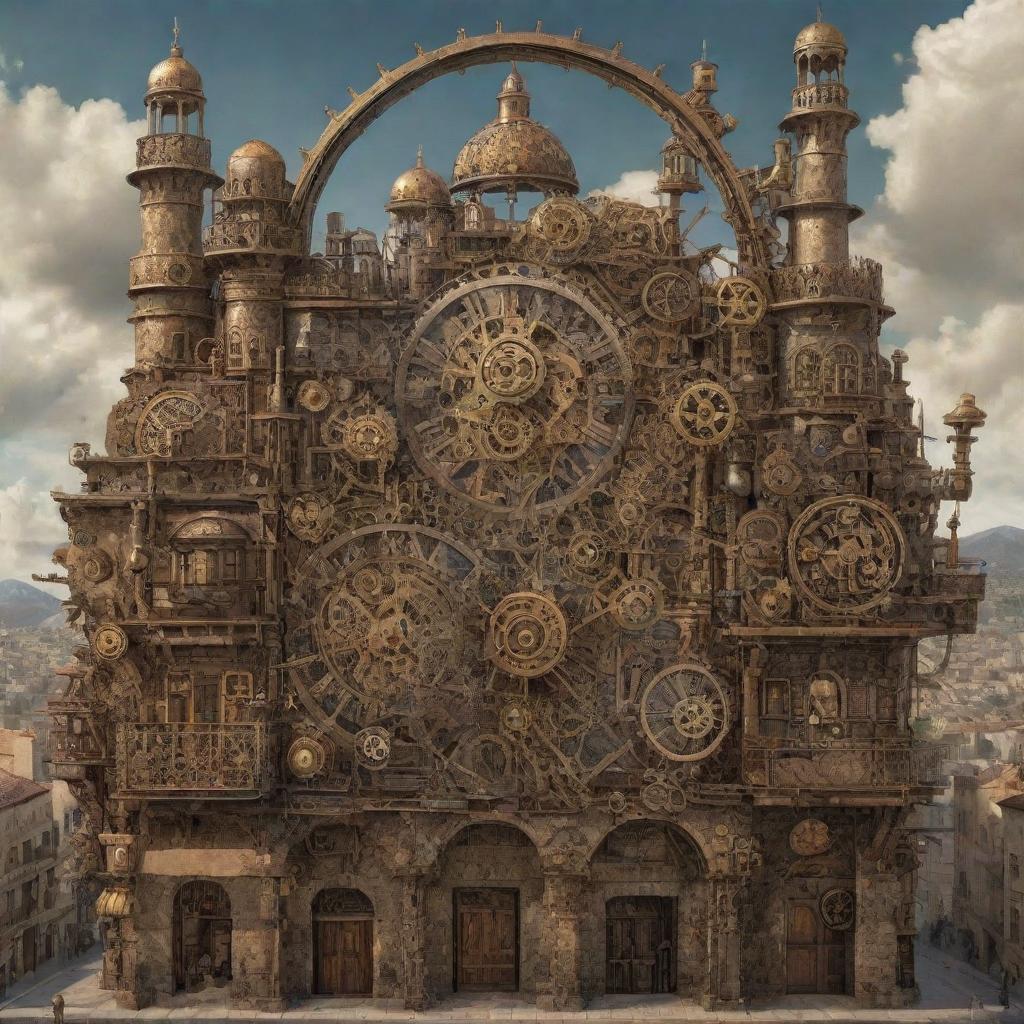 A steampunk-inspired depiction of the city of Cyprus with intricate gears, cogwheels, brass elements, and steam-powered machinery integrated into the city's architecture.