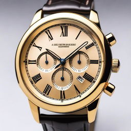 A close-up image of a golden-colored metal wristwatch with only the numbers 12, 3, 6, and 9 in Roman numerals on its dial