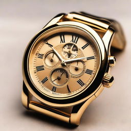 A close-up image of a golden-colored metal wristwatch with only the numbers 12, 3, 6, and 9 in Roman numerals on its dial