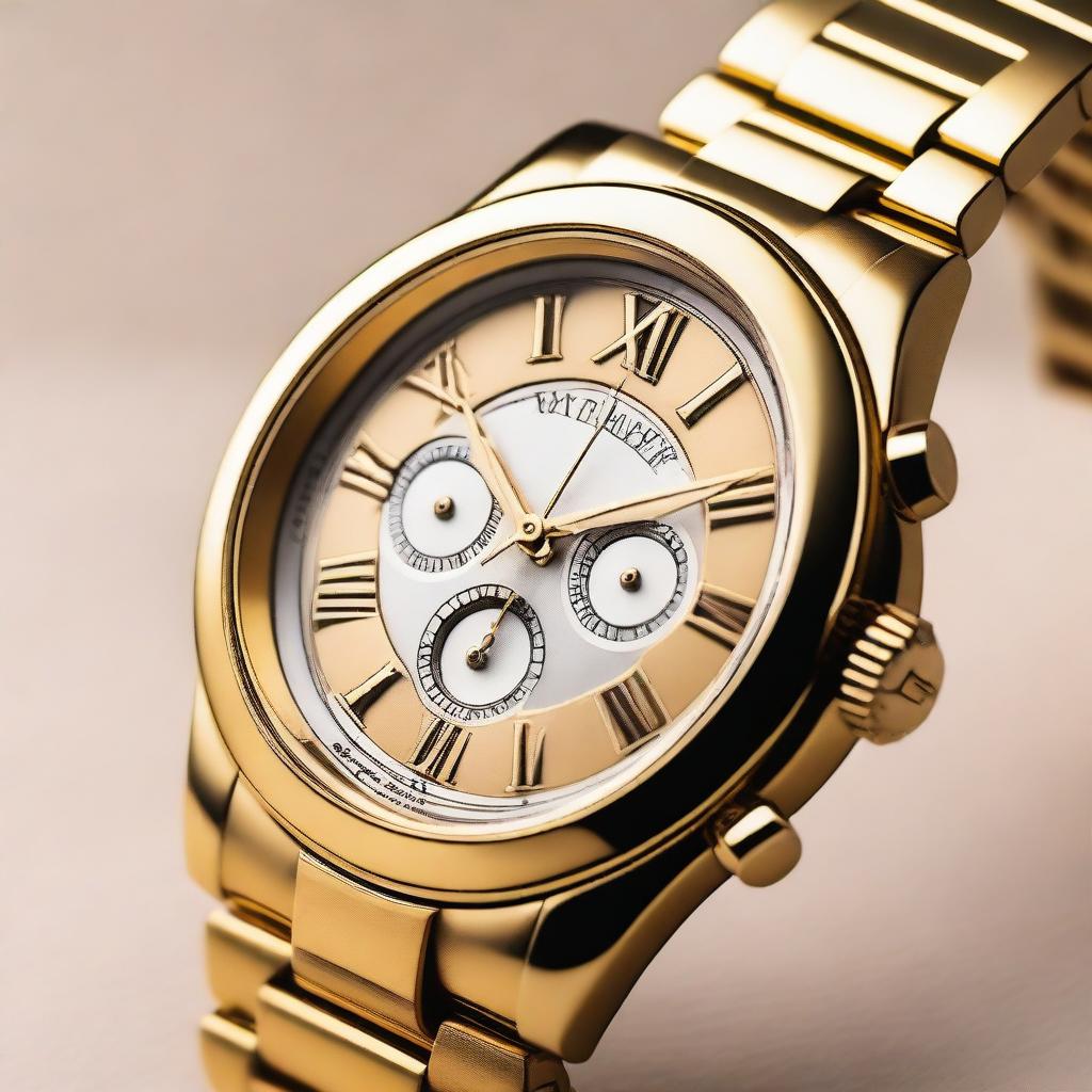 A close-up image of a golden-colored metal wristwatch with only the numbers 12, 3, 6, and 9 in Roman numerals on its dial