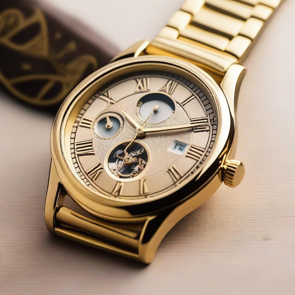 A close-up image of a golden-colored metal wristwatch with only the numbers 12, 3, 6, and 9 in Roman numerals on its dial