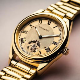 A close-up image of a golden-colored metal wristwatch with only the numbers 12, 3, 6, and 9 in Roman numerals on its dial