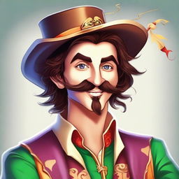 A bard with elf features and a mocking smile, looking attractive with a fake musketeer-style mustache