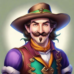 A bard with elf features and a mocking smile, looking attractive with a fake musketeer-style mustache