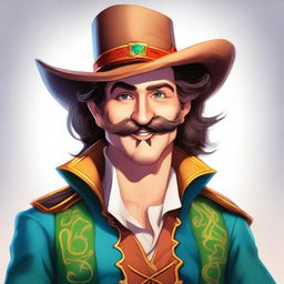 A bard with elf features and a mocking smile, looking attractive with a fake musketeer-style mustache