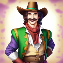 A bard with elf features and a mocking smile, looking attractive with a fake musketeer-style mustache