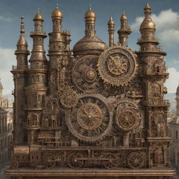 A steampunk-inspired depiction of the city of Cyprus with intricate gears, cogwheels, brass elements, and steam-powered machinery integrated into the city's architecture.