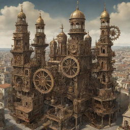 A steampunk-inspired depiction of the city of Cyprus with intricate gears, cogwheels, brass elements, and steam-powered machinery integrated into the city's architecture.