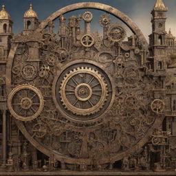 A steampunk-inspired depiction of the city of Cyprus with intricate gears, cogwheels, brass elements, and steam-powered machinery integrated into the city's architecture.