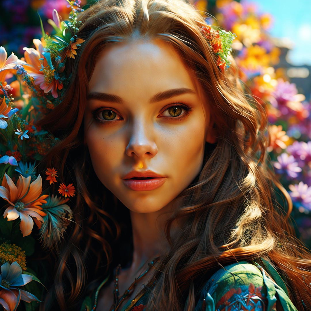 Intense close-up of a different Russian elfish woman with long auburn hair and elf ears in a vibrant, flower-filled rococo Russian town on a sunny day. Her face is intricately detailed under immaculate composition and lighting.