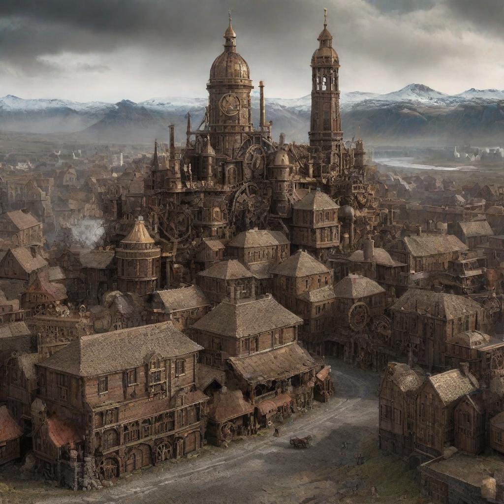 A steampunk rendition of an Icelandic city, complete with cogwheel adorned buildings, steam-powered technology, and brass-infused elements etched into the cityscape.