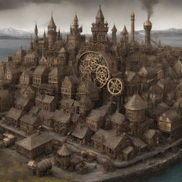 A steampunk rendition of an Icelandic city, complete with cogwheel adorned buildings, steam-powered technology, and brass-infused elements etched into the cityscape.