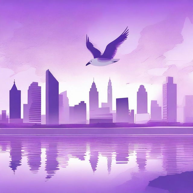 A beautiful and aesthetic city on the wings of a seagull above the sea, titled 'Violet Breeze'