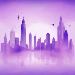 A beautiful and aesthetic city on the wings of a seagull above the sea, titled 'Violet Breeze'