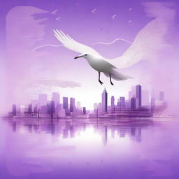 A beautiful and aesthetic city on the wings of a seagull above the sea, titled 'Violet Breeze'