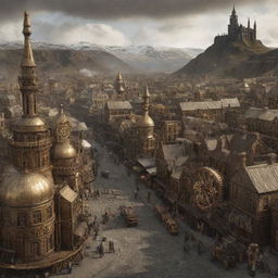 A steampunk rendition of an Icelandic city, complete with cogwheel adorned buildings, steam-powered technology, and brass-infused elements etched into the cityscape.