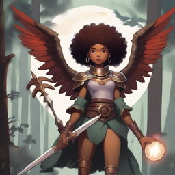 A lightskin brown round-faced pretty girl with an afro wearing a wooden crown and clad in little armor with scarlet scaly dragon-like wings coming from her back