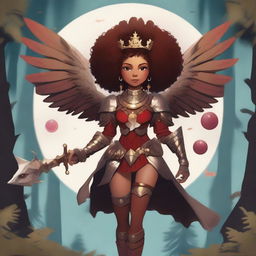 A lightskin brown round-faced pretty girl with an afro wearing a wooden crown and clad in little armor with scarlet scaly dragon-like wings coming from her back