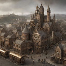 A steampunk rendition of an Icelandic city, complete with cogwheel adorned buildings, steam-powered technology, and brass-infused elements etched into the cityscape.