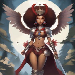 A lightskin brown round-faced pretty girl with an afro wearing a wooden crown and clad in little armor with scarlet scaly dragon-like wings coming from her back