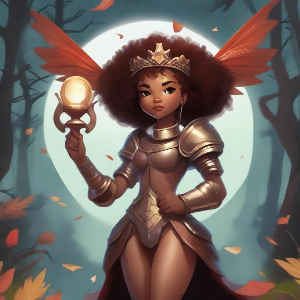 A lightskin brown round-faced pretty girl with an afro wearing a wooden crown and clad in little armor with scarlet scaly dragon-like wings coming from her back