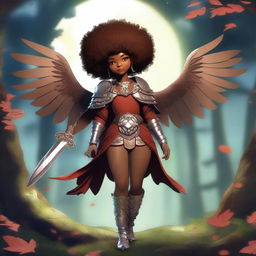 A high quality render of a light-skinned, brown, round-faced pretty girl with an afro wearing a wooden crown and clad in little armor