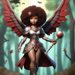 A high quality render of a light-skinned, brown, round-faced pretty girl with an afro wearing a wooden crown and clad in little armor