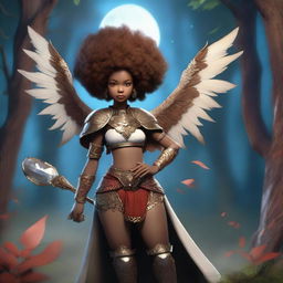 A high quality render of a light-skinned, brown, round-faced pretty girl with an afro wearing a wooden crown and clad in little armor