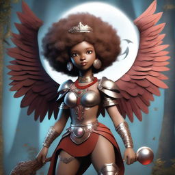 A high quality render of a light-skinned, brown, round-faced pretty girl with an afro wearing a wooden crown and clad in little armor