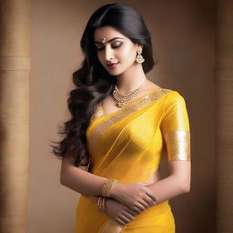 Create an image of a woman named Anusha wearing a yellow sari in a sensual and alluring pose