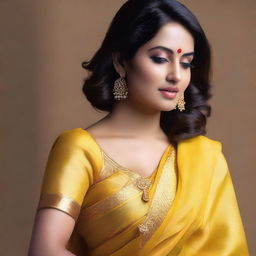 Create an image of a woman named Anusha wearing a yellow sari in a sensual and alluring pose