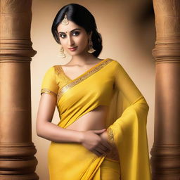 Create an image of a woman named Anusha wearing a yellow sari in a sensual and alluring pose