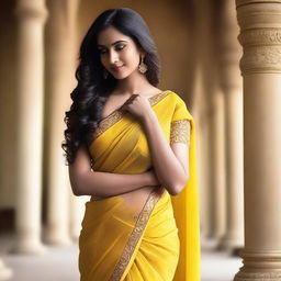 Create an image of a woman named Anusha wearing a yellow sari in a sensual and alluring pose