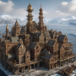 A steampunk-inspired cityscape of Greenland, integrating brass mechanisms, steam-driven contraptions, and intricate gears within the traditional architecture of the city.