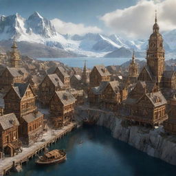 A steampunk-inspired cityscape of Greenland, integrating brass mechanisms, steam-driven contraptions, and intricate gears within the traditional architecture of the city.