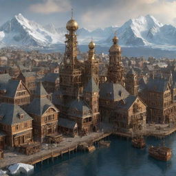 A steampunk-inspired cityscape of Greenland, integrating brass mechanisms, steam-driven contraptions, and intricate gears within the traditional architecture of the city.