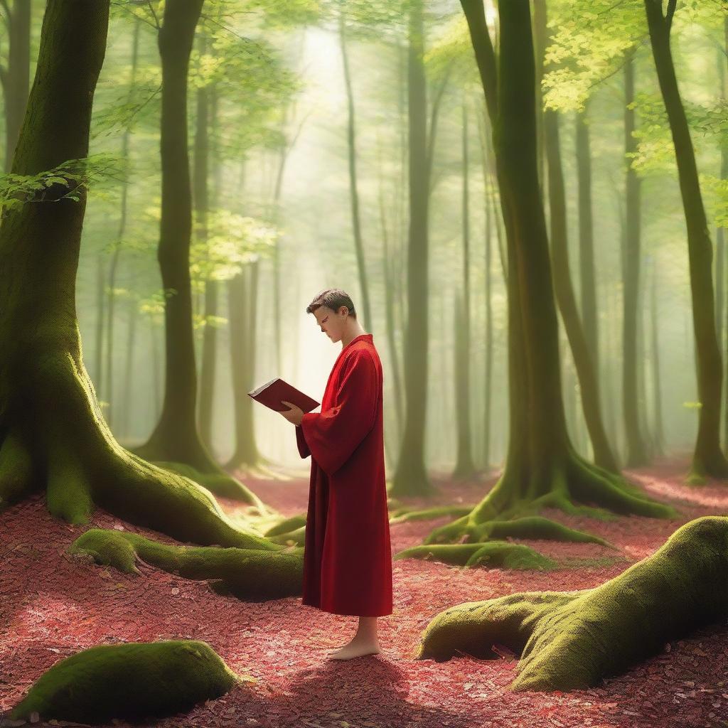 A young white man standing in a lush green forest with small buildings around him