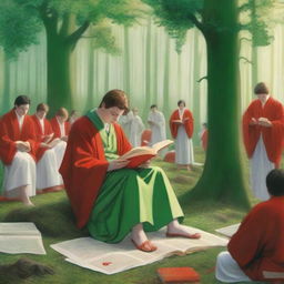 A young white man in a green forest, surrounded by small buildings, reading a big red book