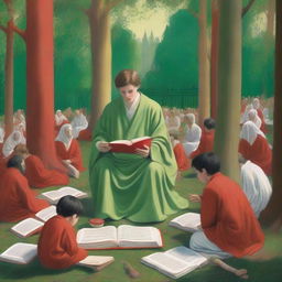 A young white man in a green forest, surrounded by small buildings, reading a big red book