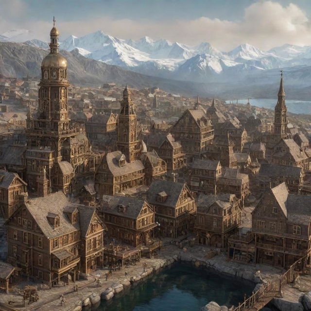 A steampunk-inspired cityscape of Greenland, integrating brass mechanisms, steam-driven contraptions, and intricate gears within the traditional architecture of the city.