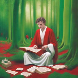 A young white man in a green forest, surrounded by small buildings, reading a big red book