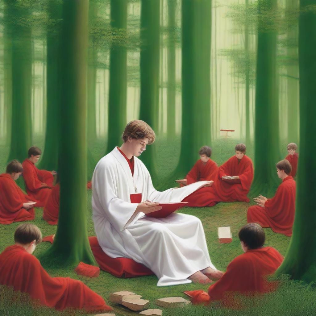 A young white man in a green forest, surrounded by small buildings, reading a big red book